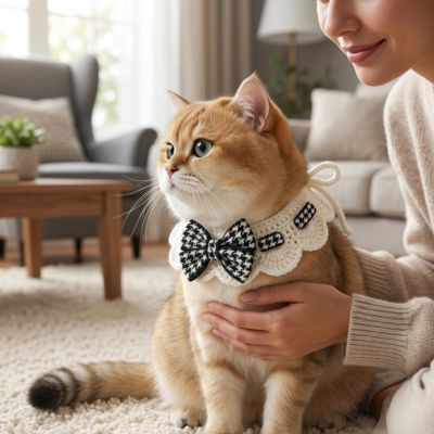 Chat roux portant collier chat noir artisanal a noeud papillon et dentelle