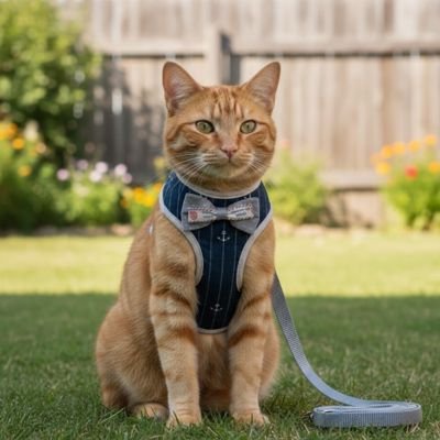 Chat roux portant son harnais chat bleu marin.