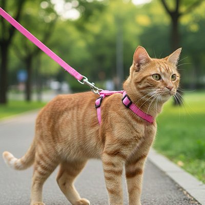 Chat roux portant son harnais pour chat rose