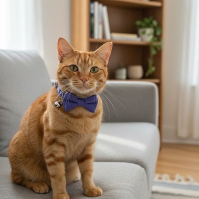 Chat roux portant un collier chat nœud papillon indigo.
