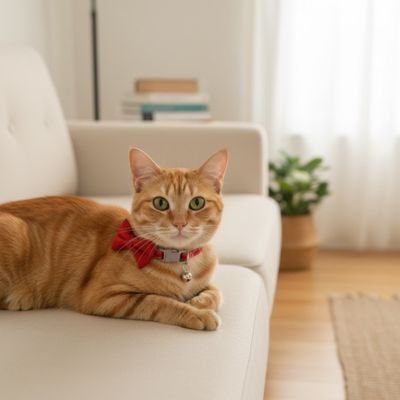 Chat roux portant un collier chat nœud papillon rouge.
