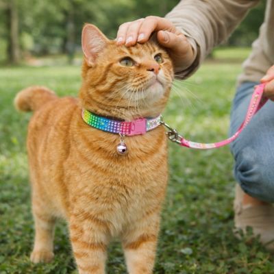 Chat-roux-se_promene-avec-collier-chat-coloree-strass-dans-un-parc-avec-un-dame