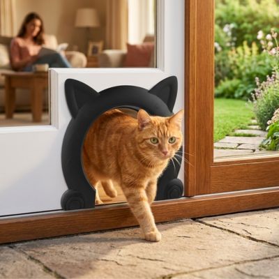 Chat roux sortant par une chatière noire vers le jardin.
