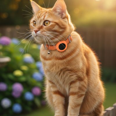 Chaton caché dans buisson avec un collier-GPS-chat-vert lumineux famille heureuse.