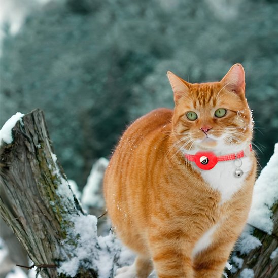 Chat roux tigré portant un collier GPS chat rouge assis sur un tronc enneigé en extérieur en hiver