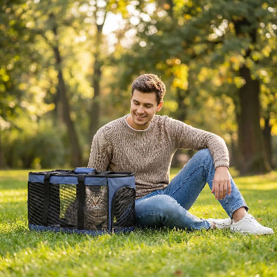 Chat-sac-de-transport-bleu-femme-elegante-assise-en-interieur