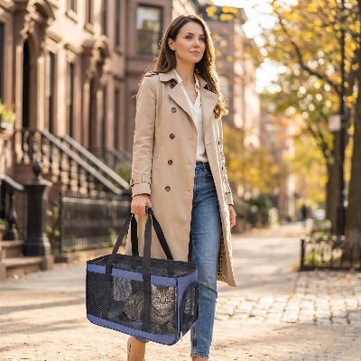 Chat sac de transport bleu femme sous cerisiers en fleurs

