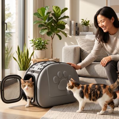 Chat sac transport gris salon lumineux famille chats heureux
