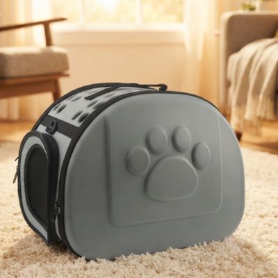 Chat sac transport pliable de couleur  gris sur un tapis.

