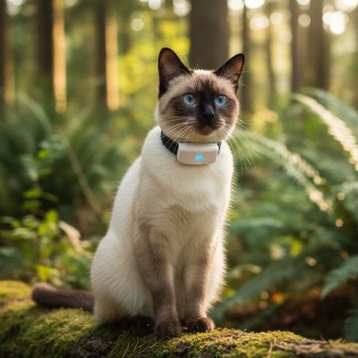 Chat siamois aux yeux bleus avec traceur GPS chat.
