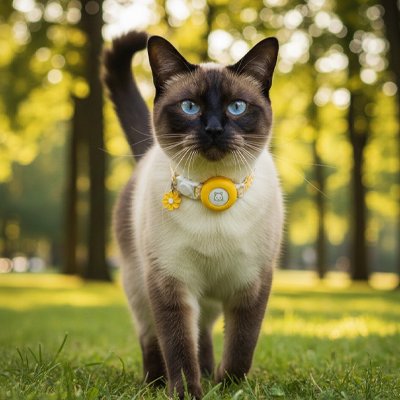 Chat siamois aux yeux bleus portant un collier pour chat gps jaune.