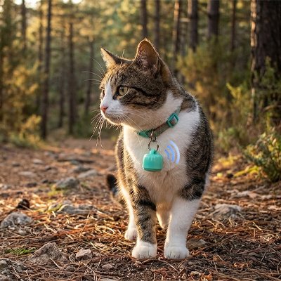 Chat tabby et blanc avec traceur GPS chat vert forêt ensoleillée.
