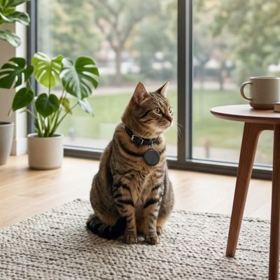 Chat tigré au salon avec une puce GPS chat noire.