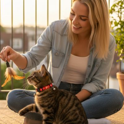 Chat tigre avec collier anti-etranglement pour chat rouge assise avec une femme au balcon jouant ensemble