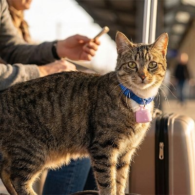Chat tigré avec traceur GPS chat rose valise voyageur.