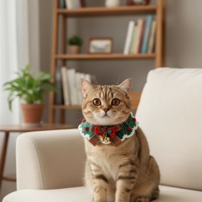 Chat tigre collier chat Noel tricote, assis sur canape ambiance festive.