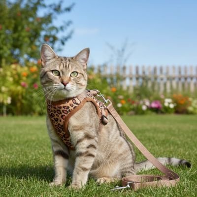 Chat tigré en harnais chat Marron léopard avec laisse assis dans l'herbe