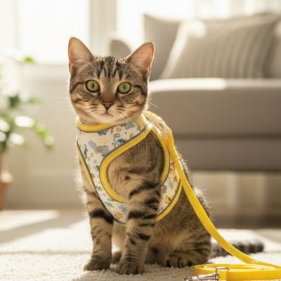 Chat tigre en harnais chat jaunes posant a l interieur