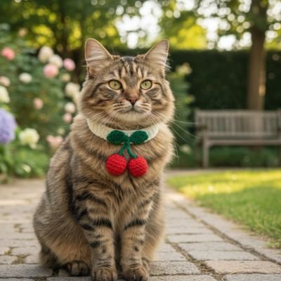 Chat tigre fluffy collier pour chat blanc tricote cerises chemin pave jardin.