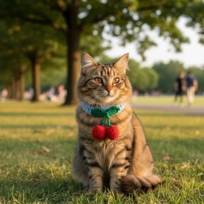 Chat tigre fluffy collier pour chat tricote cerises assis au parc.


