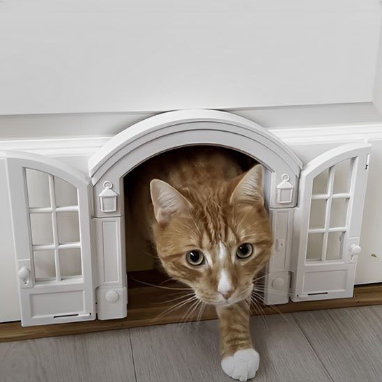 Chat tigré franchissant une Chatière miniature blanche avec fenêtres ouvertes.
