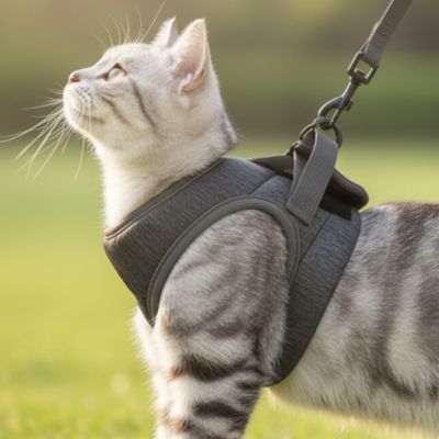 Chat tigré gris en harnais chat cris regardant vers le haut