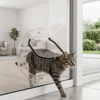 Chat tigré passant par une chatière pour chat transparente.