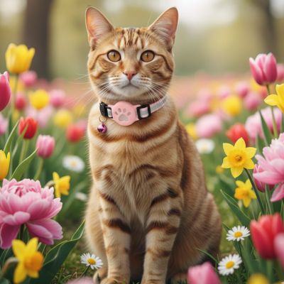 Chat tigré portant un collier GPS Chat rose dans un jardin fleuri au printemps. 