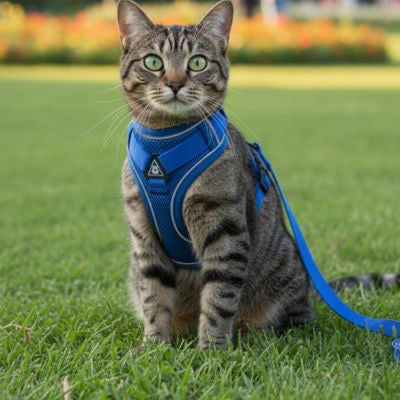Chat tigre portant un harnais bleu avec laisse assis sur une pelouse