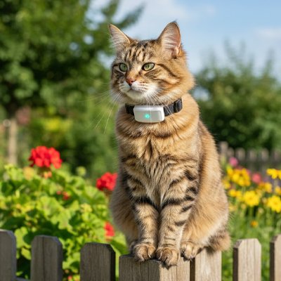 Chat tigre sur une clôture avec traceur GPS chat fleurs.