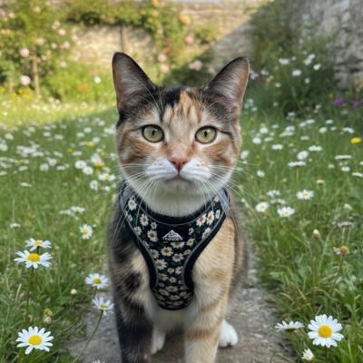 Chat tricolore dans un jardin fleuri avec son harnais chat noir.