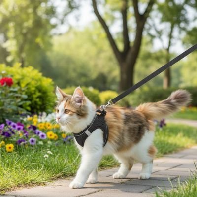 Chat tricolore en promenade avec son harnais chat noir