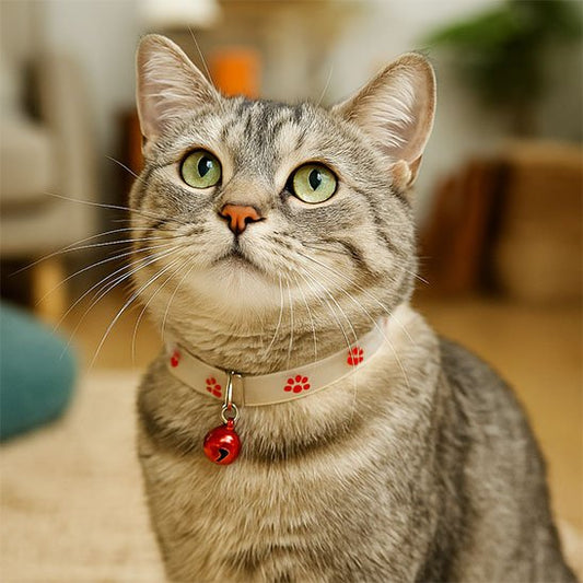 Chat tigré gris avec collier chat lumineux fluorescent petites pattes clochette rouge.