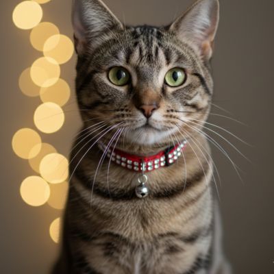 Chat avec collier chat rouge brillant pose élégante regard curieux