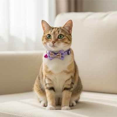 Chat crème avec collier chat bleu avec nœud papillon assis.