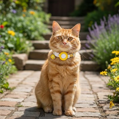 Chat roux assis sur pavés avec collier pour chat gps jaune.