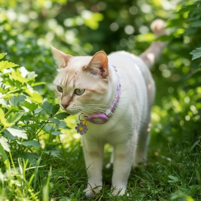 Chat tigré majestueux portant un collier pour chat gps rose floral.