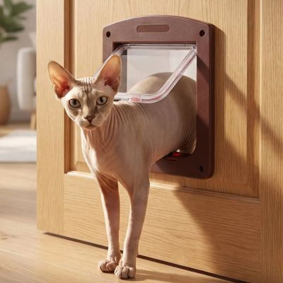 Chatière avec chat Sphinx traversant sur porte. 