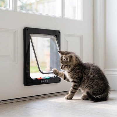 Chatière avec tigré poussant le battant transparent.
