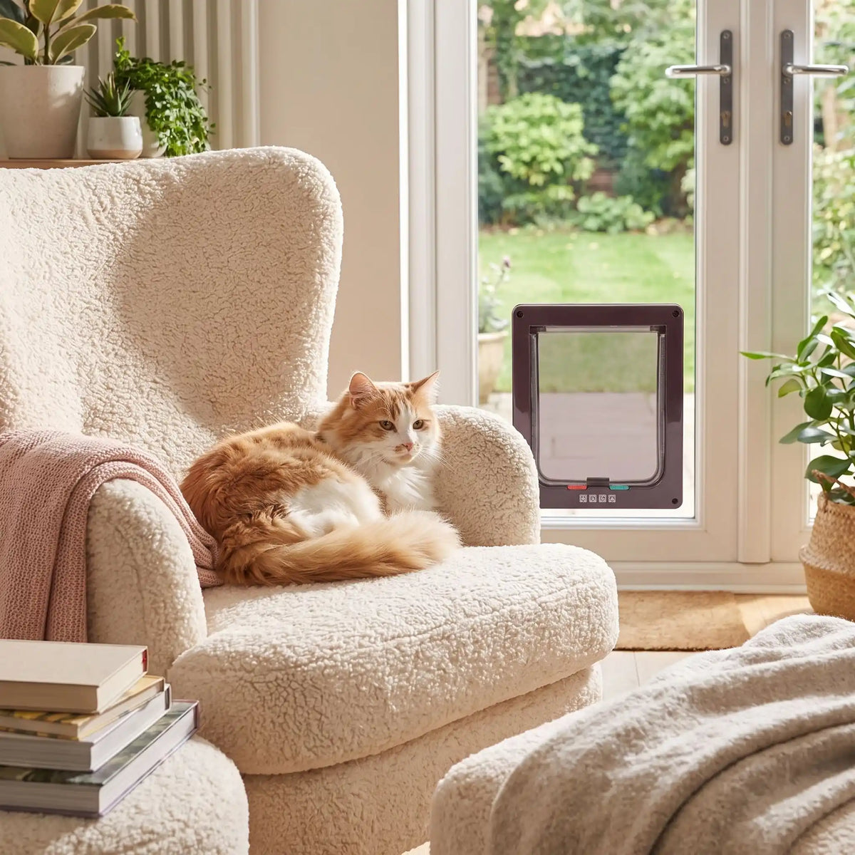 Chatière chat allongé sur fauteuil trappe de porte visible