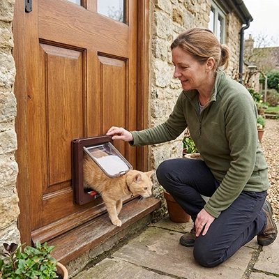 Chatière chat roux franchissant la trappe sur porte bois.