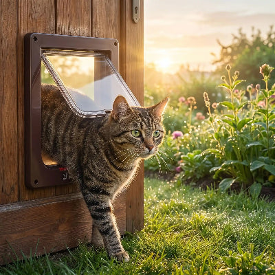 Chatière chat tigré sortant dans un jardin ensoleillé.