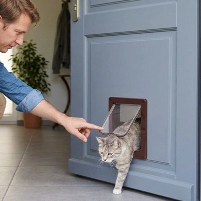 Chatière homme montrant le passage à son chat tigré. 