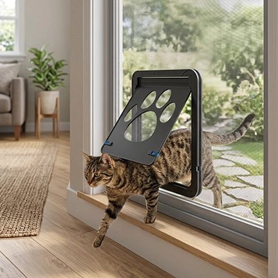 Chatière moustiquaire porte-fenêtre et chat tigré.