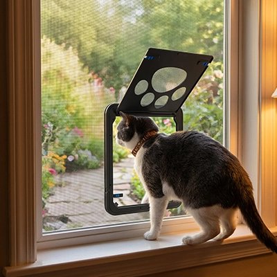Chatière moustiquaire sur fenêtre coulissante avec chat.