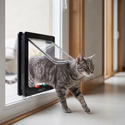 Chatière noir chat traversant une porte coulissante en verre.