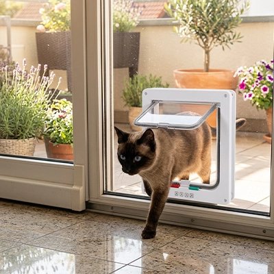 Chatière pour chat blanche installée sur porte vitrée