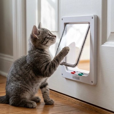 Chatière pour chat manuelle observée par un chaton.