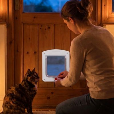 Chatière Femme règle la trappe chat l'observe sur tapis ambiance cosy.