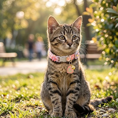 Chaton avec collier rose floral médaillon cœur assis dans un parc.
